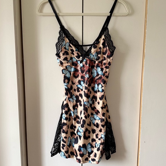 Other - Y2K Leopard & Butterfly Print Lace Black Chemise or Slip Dress Size Small